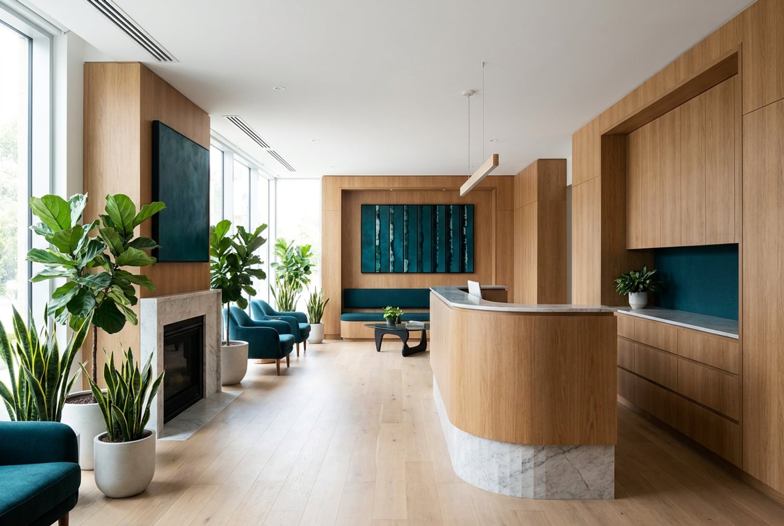 Recepción y sala de espera de la clínica de neuromodulación en Zapopan, con diseño minimalista, acentos teal, madera y luz natural