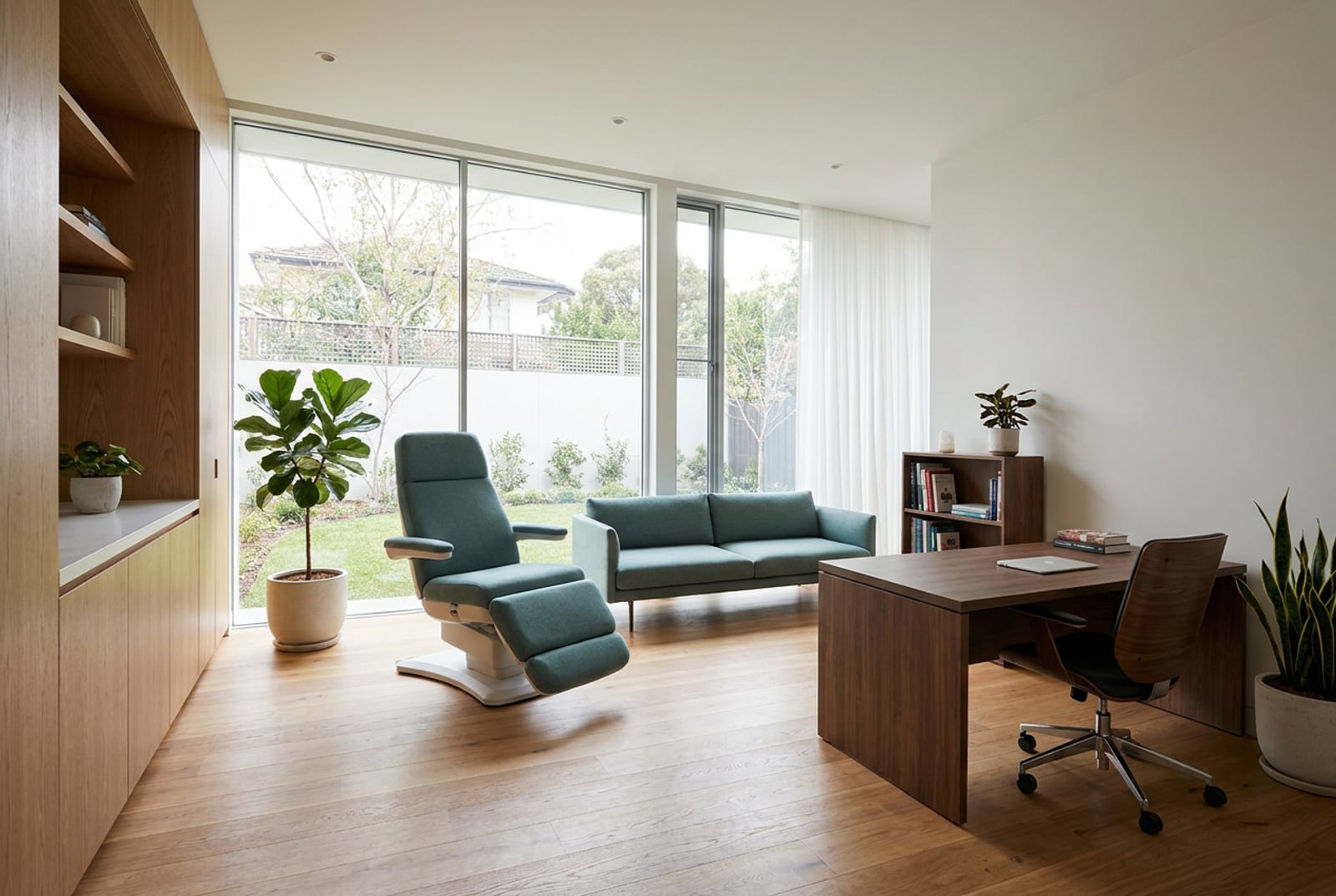 Sala de tratamiento de la clínica en Zapopan: sillón reclinable en tono teal, madera cálida y luz natural