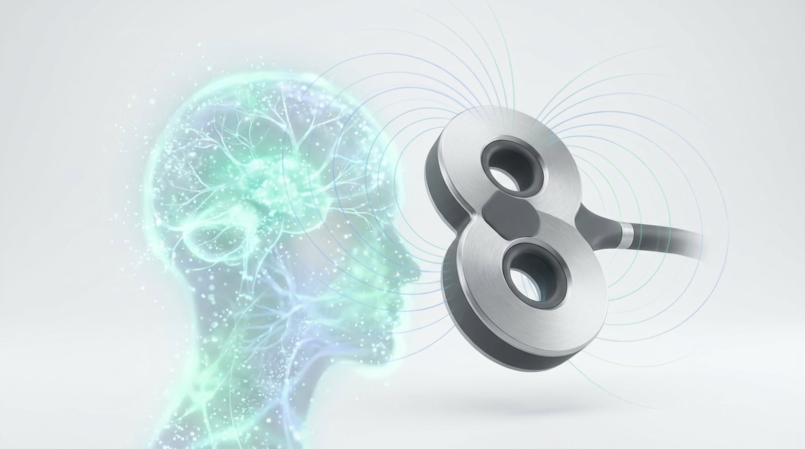 Bobina de Estimulación Magnética Transcraneal emitiendo un campo magnético hacia un cerebro representado con partículas de luz