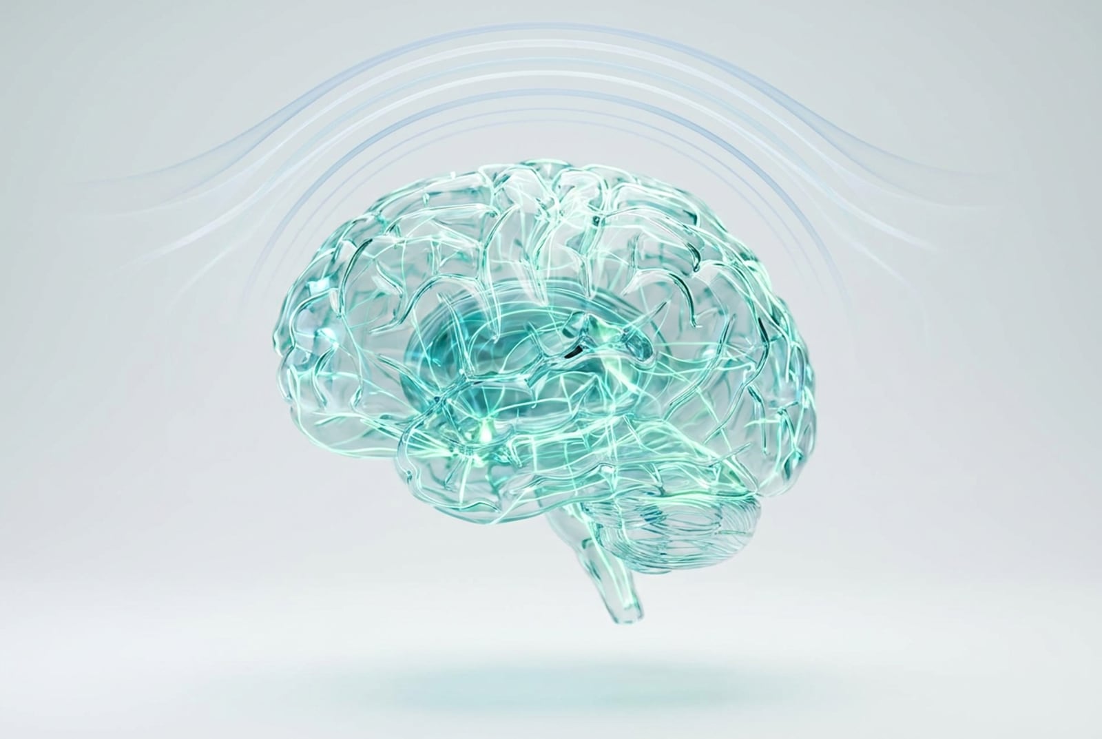 Cerebro traslúcido iluminado en tonos teal con líneas de campo magnético, que representa la reactivación de circuitos cerebrales mediante la EMT