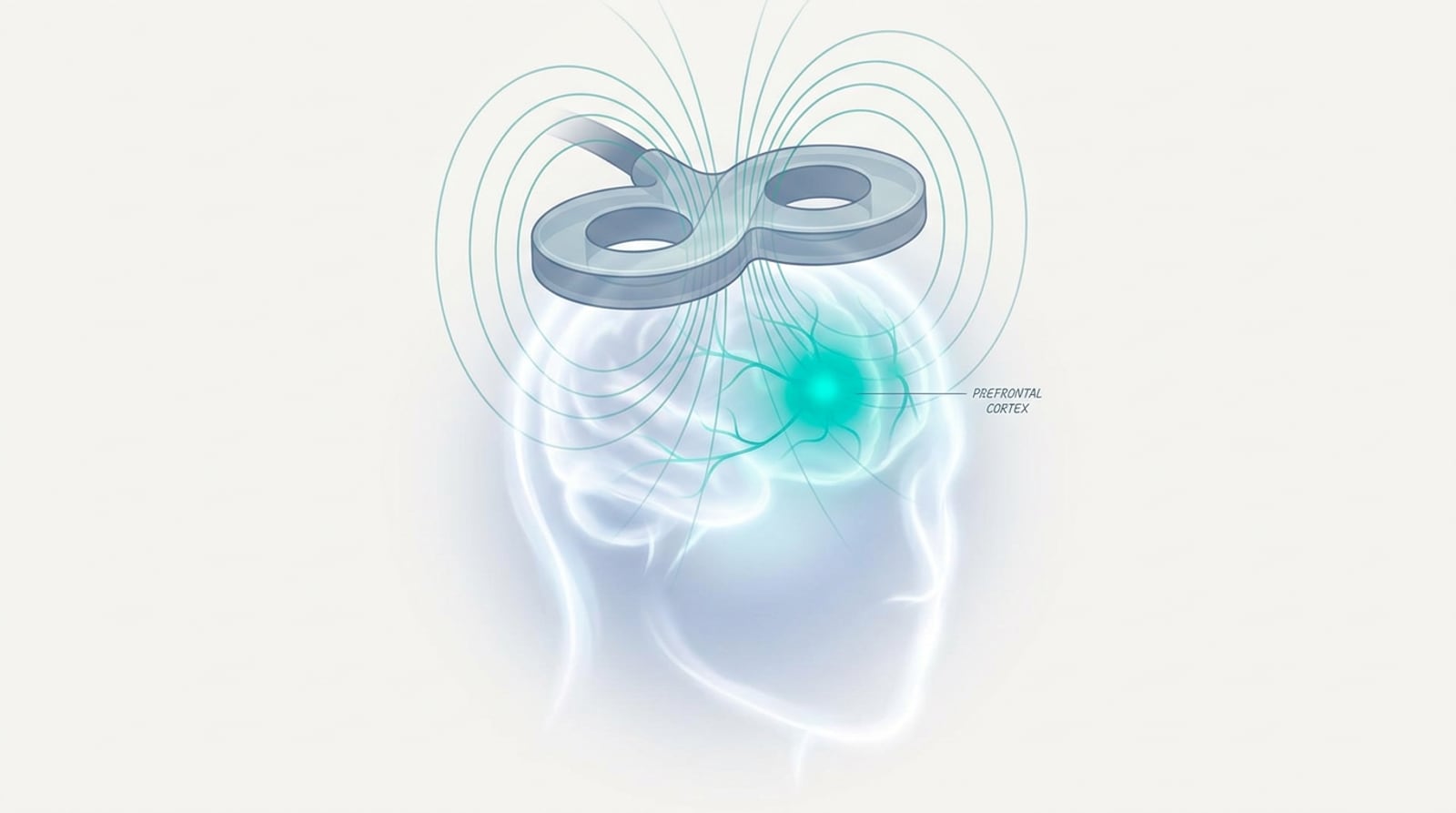 Cómo funciona la Estimulación Magnética Transcraneal: bobina en forma de ocho que emite un campo magnético hacia la corteza prefrontal del cerebro