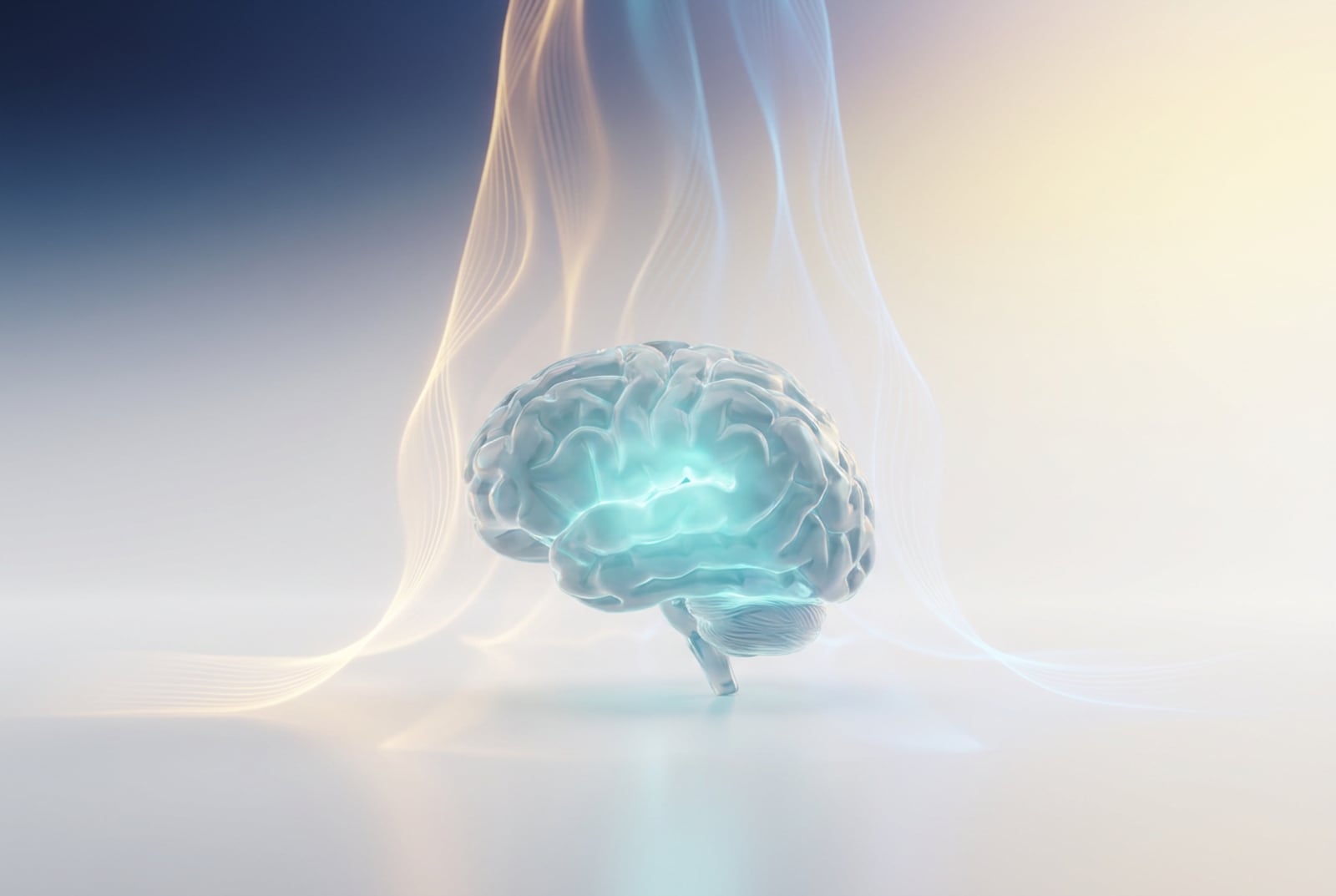 EMT para el insomnio: cerebro traslúcido en calma con ondas de luz descendentes que representan la regulación del sueño